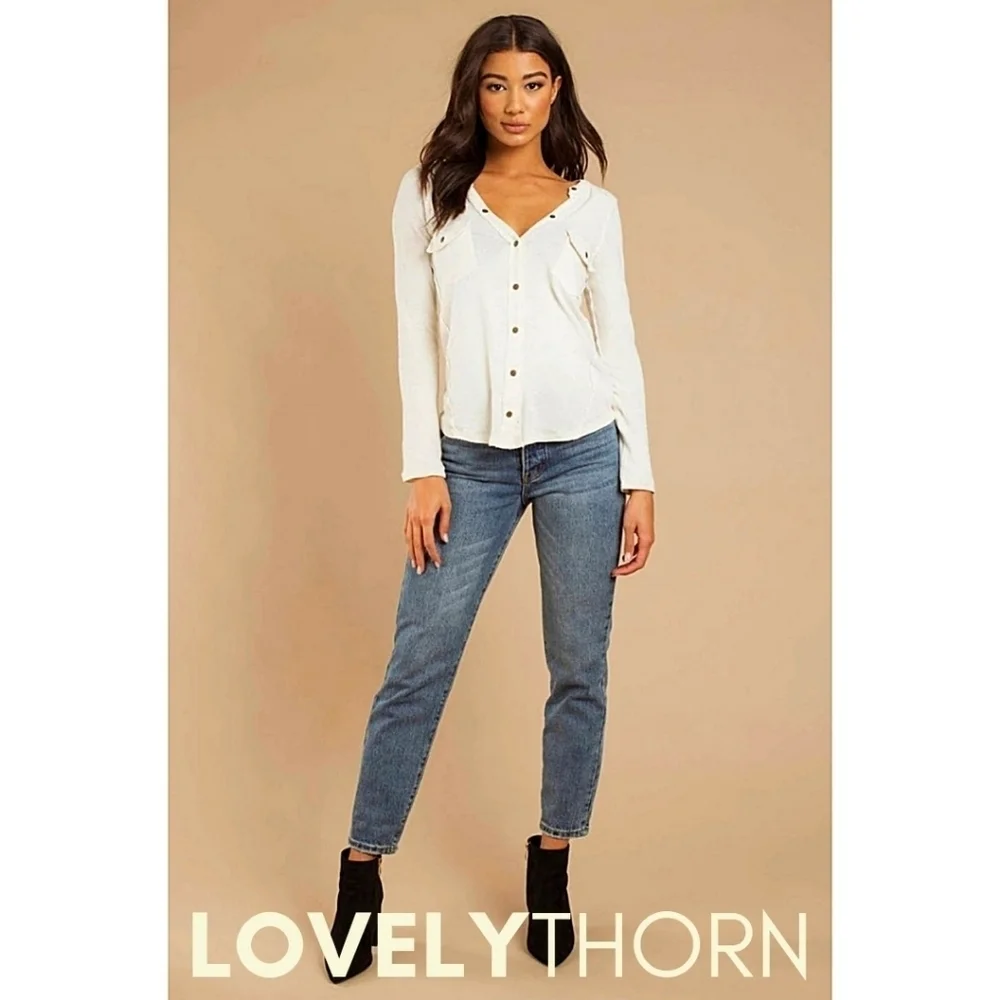 FREE PEOPLE // long sleeve plunge snap button flap pocket woven knit henley